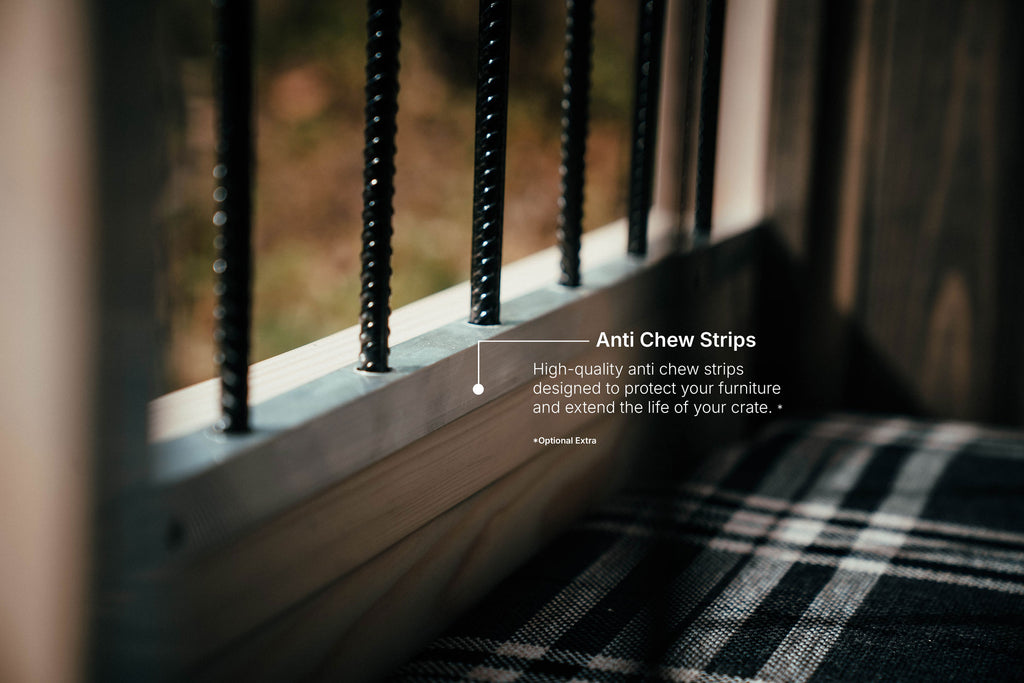 Close-up of anti chew strips inside a custom wooden dog crate, protecting the wooden frame and metal bars from dogs chewing and extending the crate’s life.
