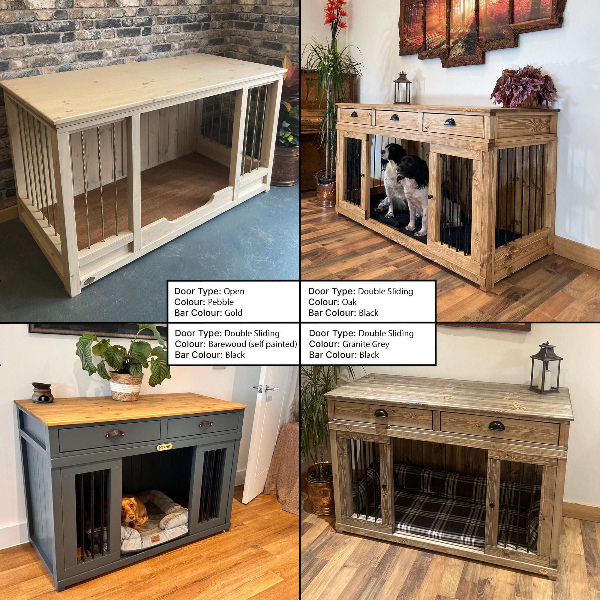 Collage showing four custom wooden indoor dog crates in different colours and door styles, demonstrating how customers can choose finishes, bar colours and layouts.