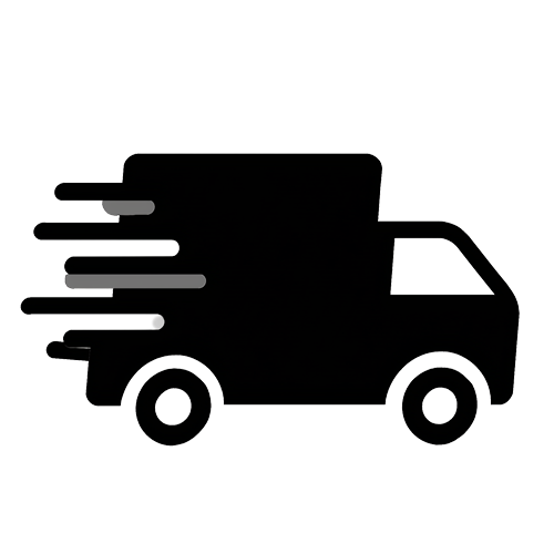 Black silhouette of a delivery truck with speed lines on a white background