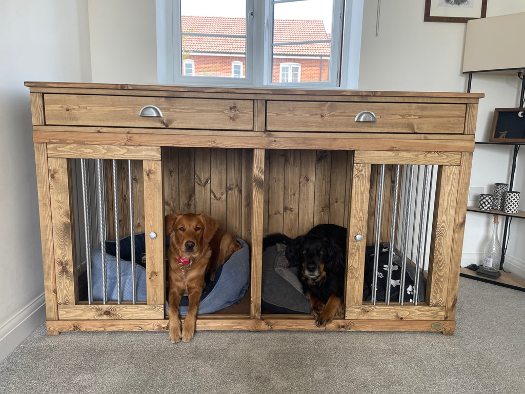 Handcrafted double wooden dog crate with two dogs resting in side-by-side beds, custom indoor wooden dog crate furniture.