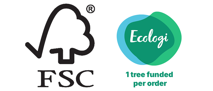 FSC-certified wood logo and Ecologi “1 tree funded per order” icon showing eco-friendly, tree-planting dog crate furniture.