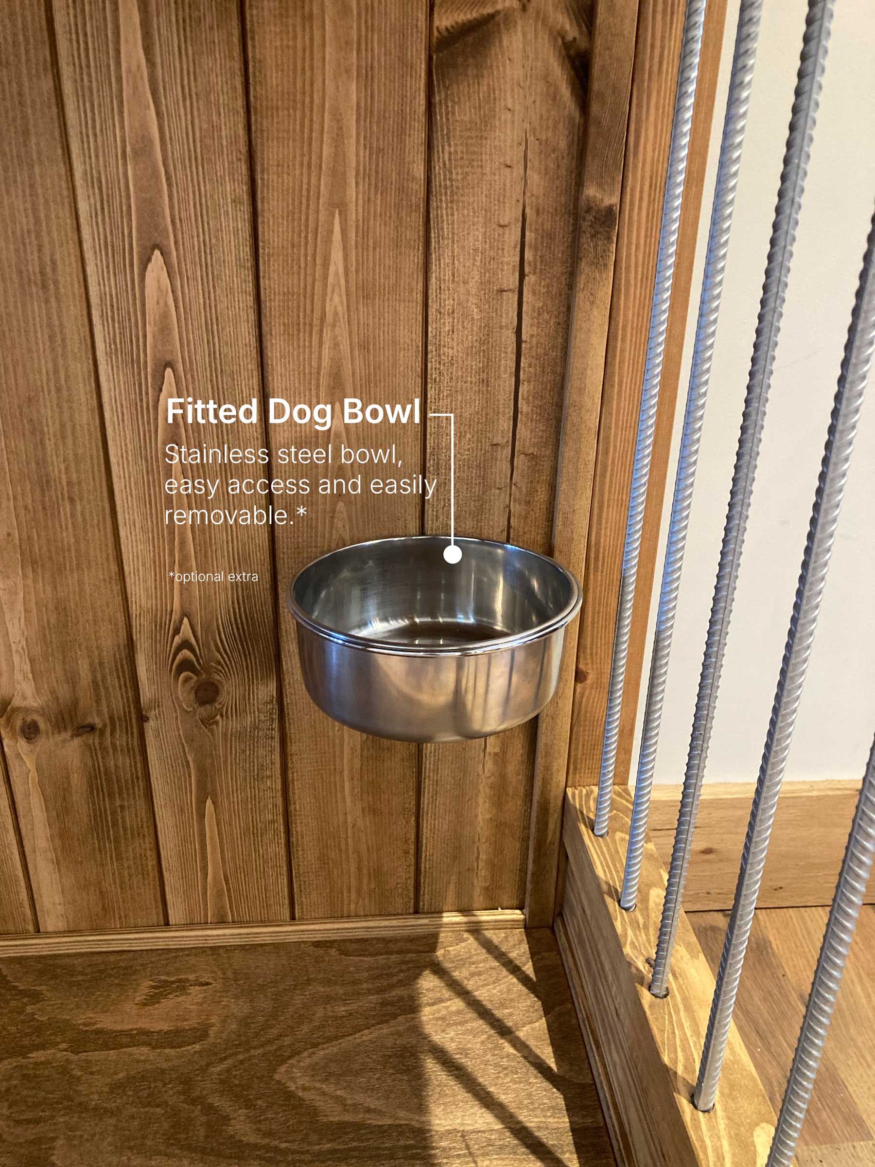 Optional fitted stainless steel dog bowl mounted inside custom wooden dog crate furniture, keeping your dog’s food or water easy to reach.