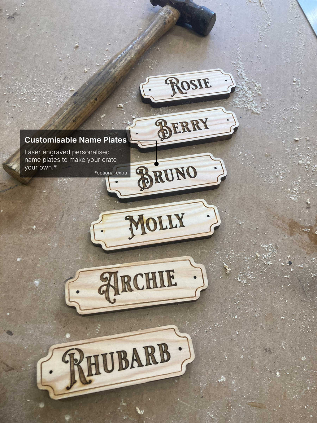 Laser engraved wooden name plates with dog names showing custom personalised tags for wooden dog crate furniture optional extra