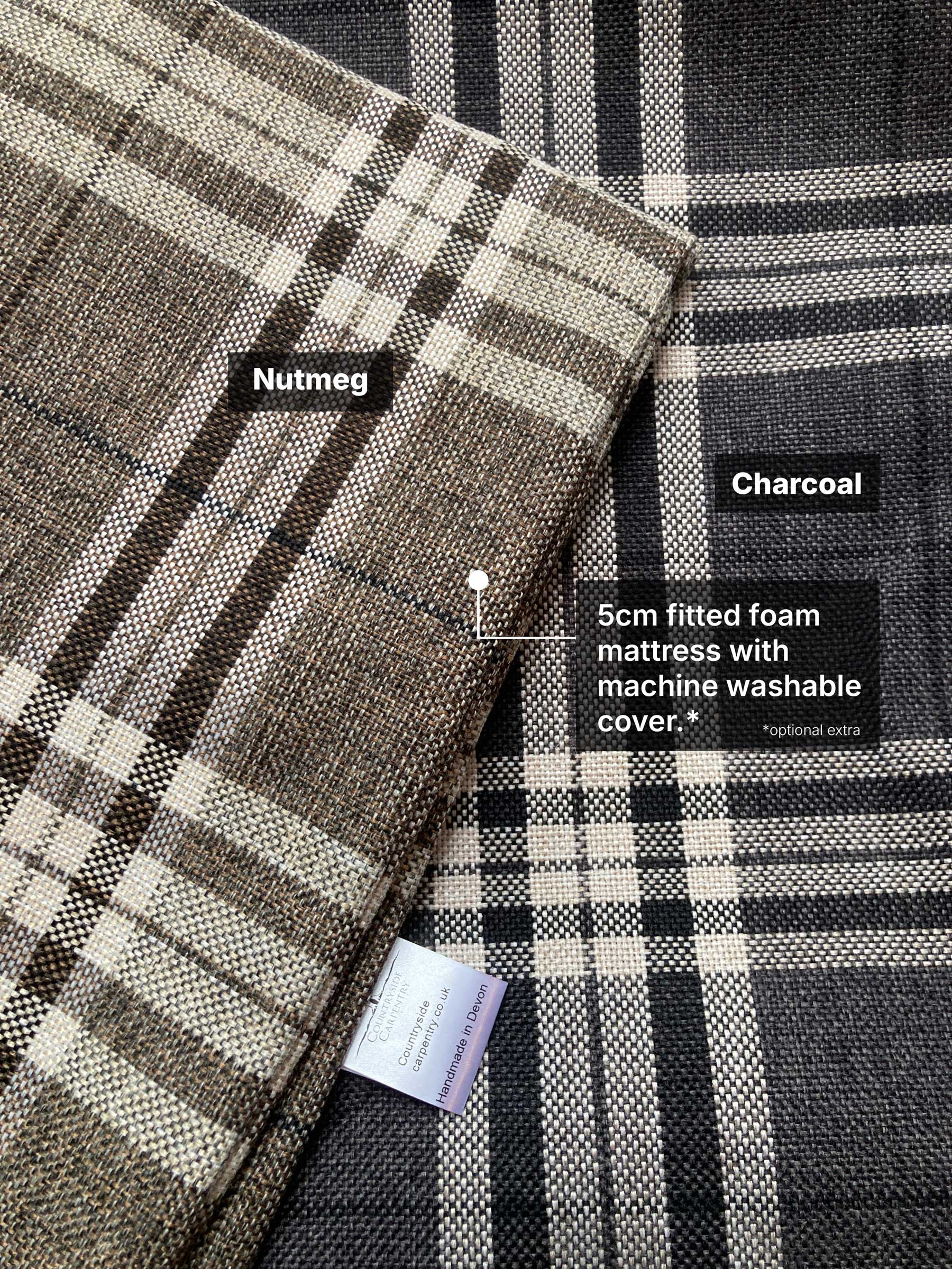 Two plaid mattress covers labeled 'Nutmeg' and 'Charcoal' with text about a 5cm fitted foam mattress.