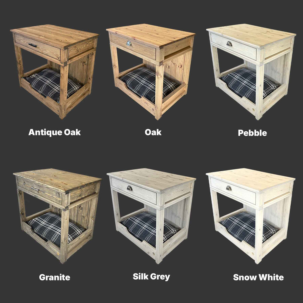 Six colour options of wooden dog crate furniture with drawer and bed – Antique Oak, Oak, Pebble, Granite, Silk Grey and Snow White.
