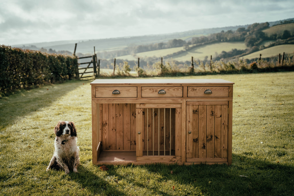Handcrafted single wooden dog crate with drawers, cupboard and sliding door, spaniel sitting beside it in a countryside field.