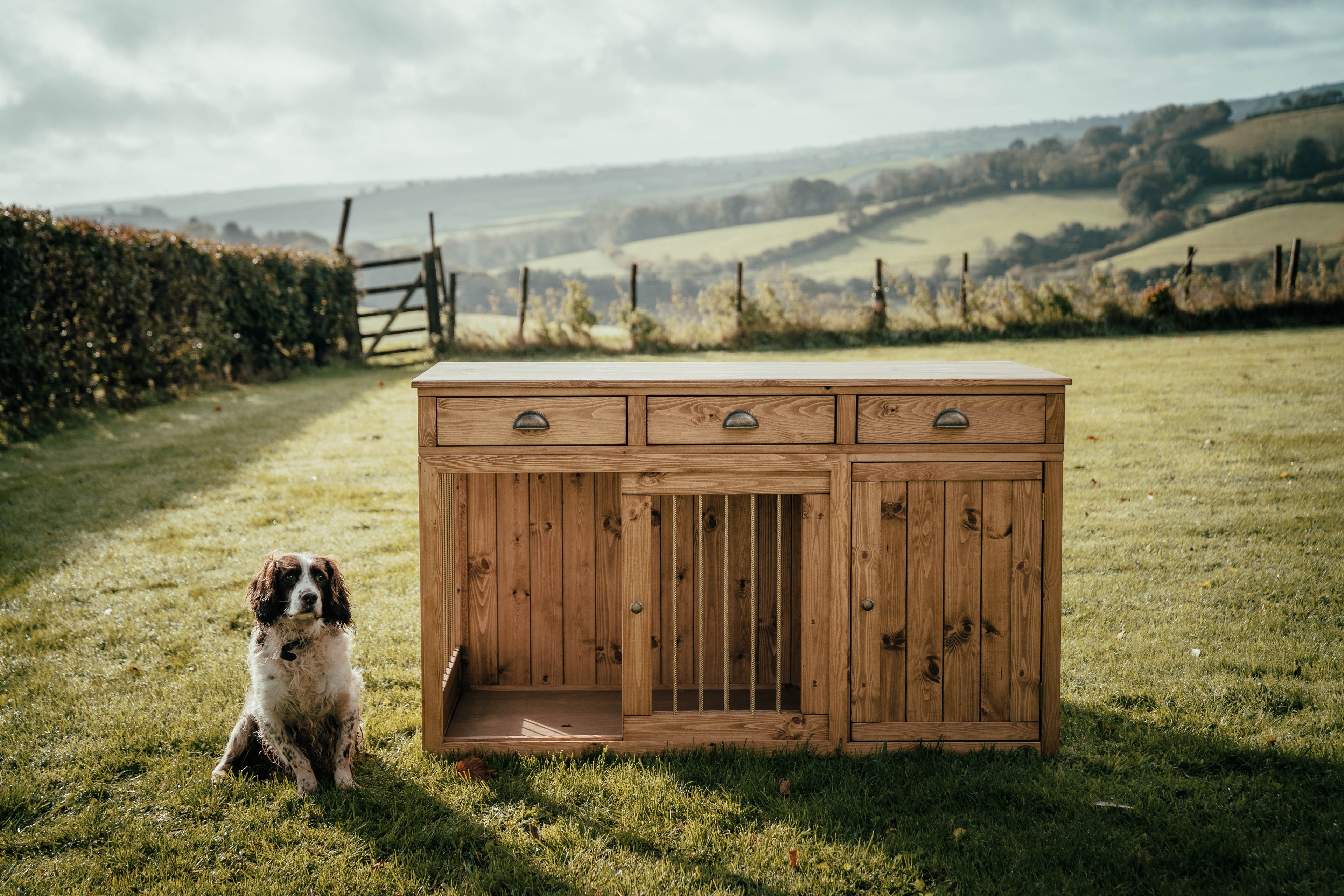 Handcrafted single wooden dog crate with drawers, cupboard and sliding door, spaniel sitting beside it in a countryside field.