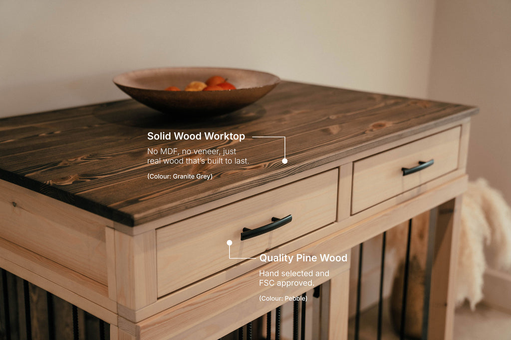 Close-up of indoor wooden dog crate furniture showing solid pine worktop and drawers made from FSC timber