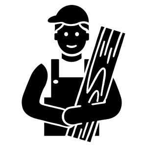 Black and white icon of a worker holding wooden planks on a white background